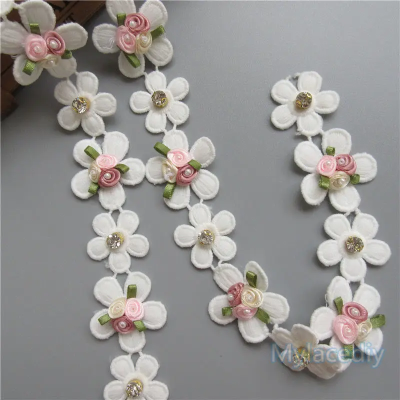 30x Vintage Pearl Flower Eyelash Embroidered Lace Trim Ribbon Handmade Applique