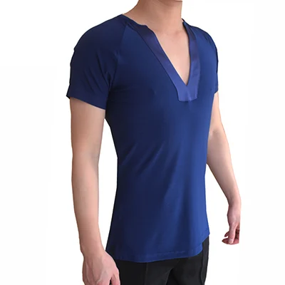 Хорошее качество, рубашки для латинских танцев для мужчин, много цветов, 2 стиля, рукава, топы для мужчин, профессиональная бальная практическая одежда Q7036 - Цвет: Dark Blue Short