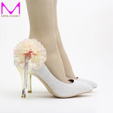 Tassel Rhinestone Bridal Dress Shoes Spring And Summer Women White Lace Shoes Pointed Toe Bouquet Party Pumps Appliequed