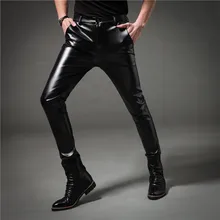 Весна Осень мужские повседневные кожаные узкие брюки винтажные мотоциклетные панк Джоггеры мужские корейский стиль узкие брюки ночной клуб Брюки
