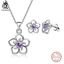 ORSA JEWELS, однотонные 925 пробы, серебряные ювелирные наборы, выдолбленный цветочный дизайн с фиолетовым AAA CZ, вечерние ожерелья, серьги, SS22-P
