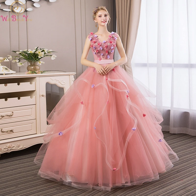 

Candy Color Quinceane Dresses Sleeveless V-neck Floor Length Ball Gown Lace-up Back Tulle With 3D Flower And Beading Graduation