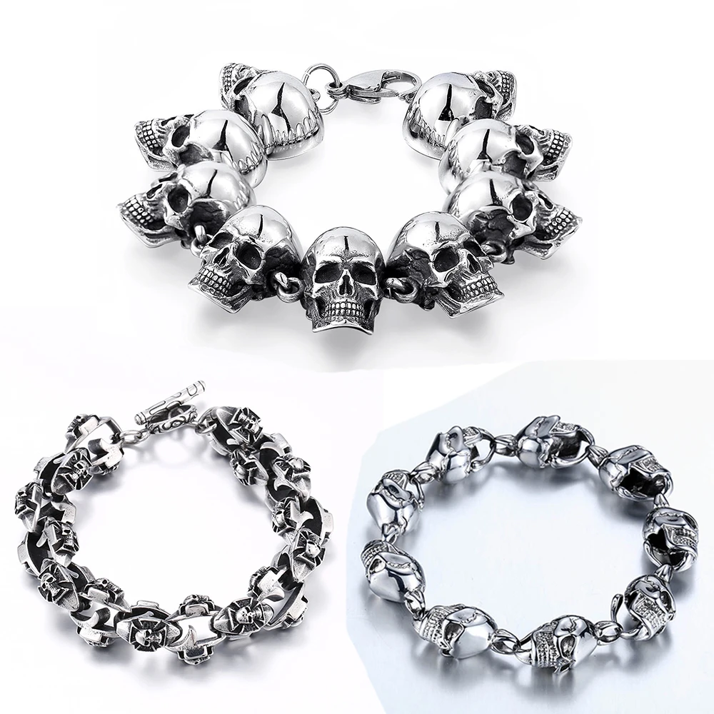 

Designer Wristband US EURO Skeleton Punk Skull 316L stainless steel bracelet charms rock jewelry vintage Fast shipping STB2-219