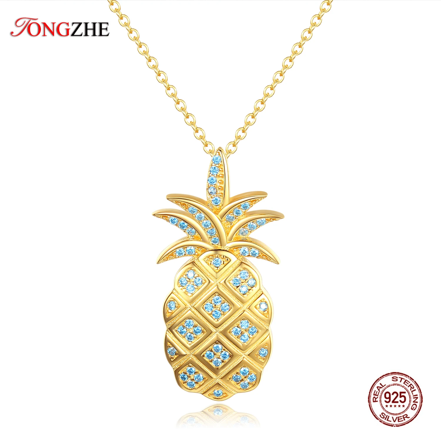 

TONGZHE 925 Sterling Silver Gold Pineapple Necklace Women Blue Cubic Zirconia Choker Personalized Necklace 45cm Chain Jewelry