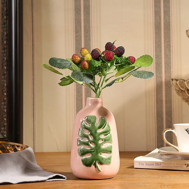 1pc Green Leaf Design Vase Ceramic Retro Style Flower Vase Porcelain