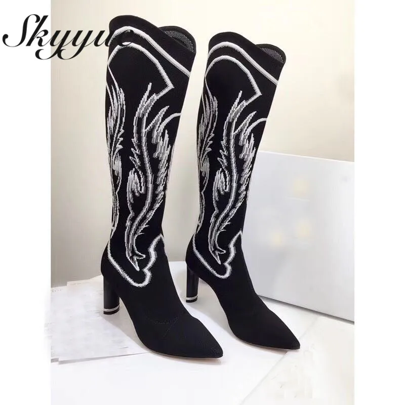 

SKYYUE Fashion Street Style Knitting Embroidery Knee HIgh Boots Sexy Pointed Toe Stretch Slip On Women Moto Boots Shoes Women