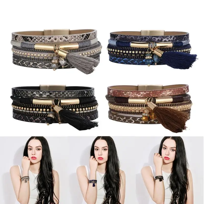 Europe Fashion crystal Multilayer Wrap Alloy PU Leather Bracelets & Bangles High quality Tassel Magnetic Buckle Pulseras gift