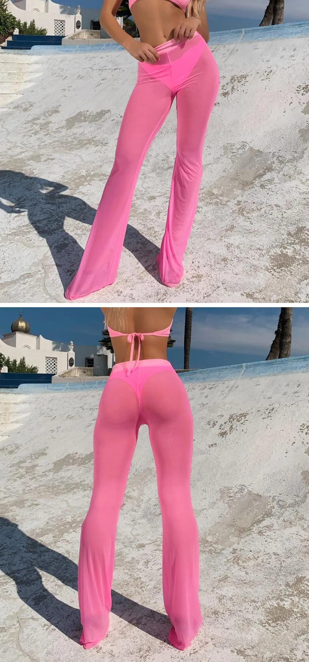 BOOFEENAA прозрачные розовые сетчатые штаны с высокой талией и широкими штанинами, женские сексуальные пляжные рейв штаны, лето, повседневные брюки C34G83