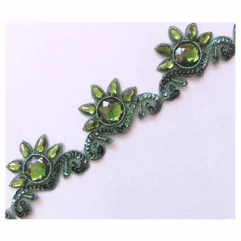 

100% Handmade Olive Green Beaded Sequin Stoned Crown-Shaped Banding Lace Ribbon Trimming Tassel Fringe DIY Apparel Sewing TBT18B