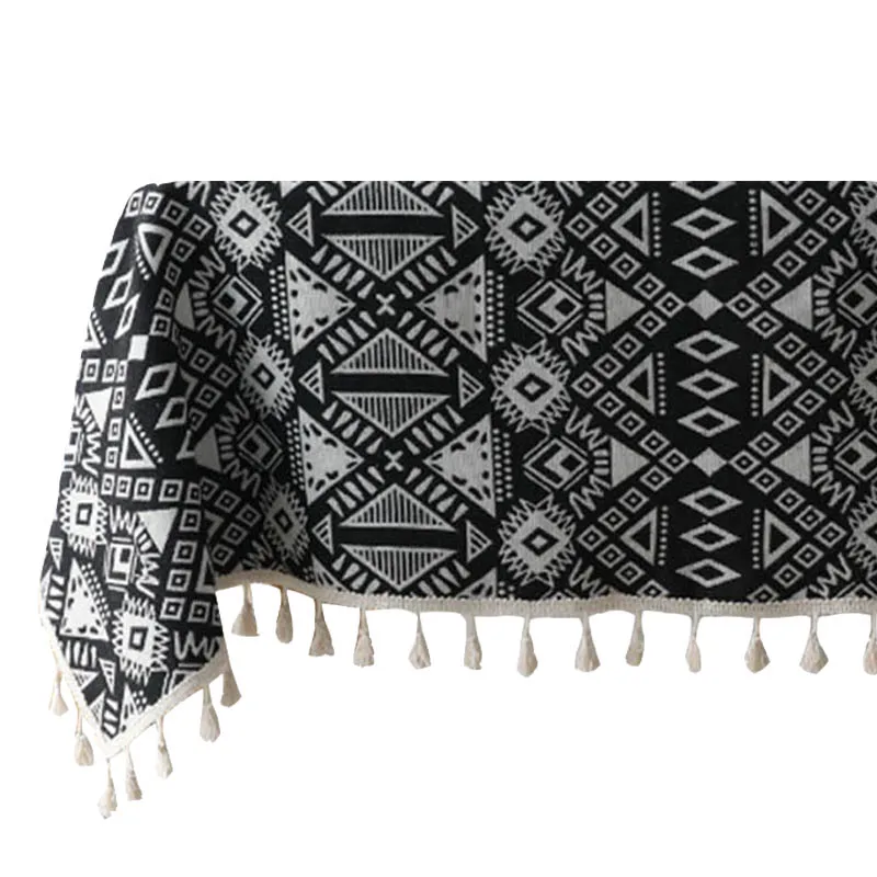 Vintage Bohemia Cotton Linen Rectangle Table Cloth Black White Geometry Printed Tassels/Lace Tablecloth Kitchen Table Cover