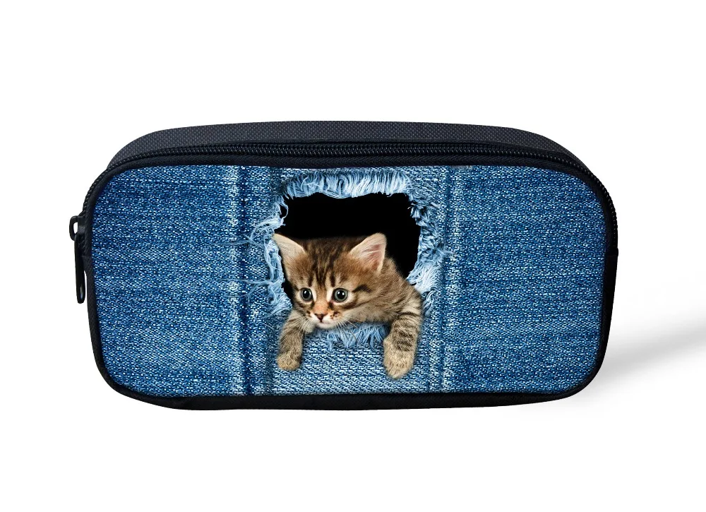 Высокое качество косметический Сумки Милые 3D животных джинсовые кошка печати Для женщин Макияж сумка маленькая для мальчиков Обувь для