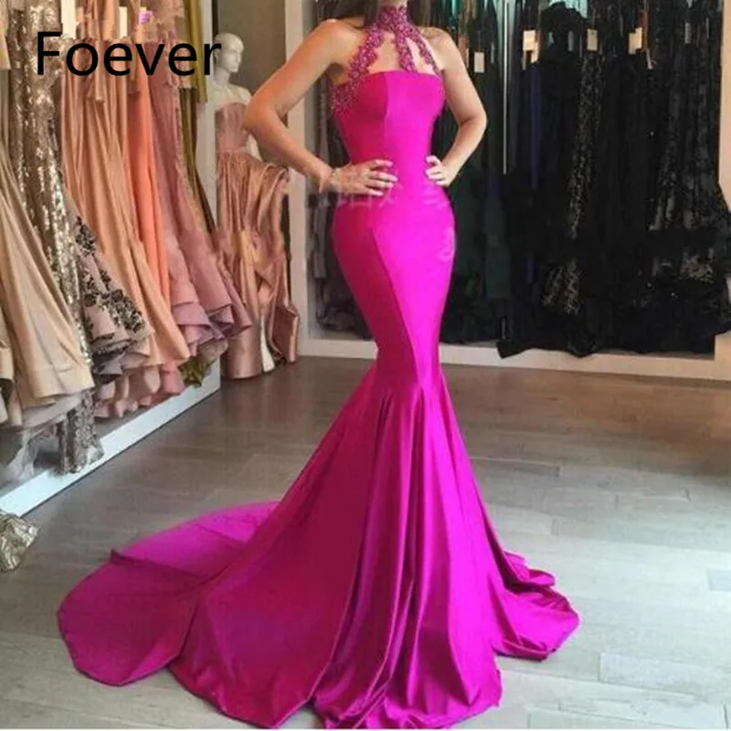 

Fuchsia Lycra Dress for Party Evening Gown High Neck Lace Appliques Beaded Sexy Mermaid Prom Dress Long 2019