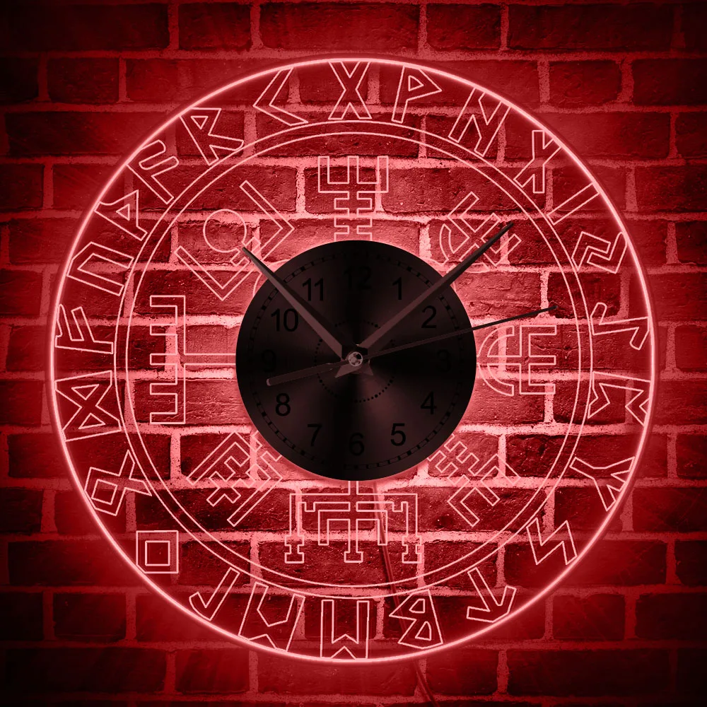 Reloj de pared luminoso Norse runa brújula con luz LED vikingo runas acrílico LED borde iluminado pared reloj hombre cueva Bar señal luminosa