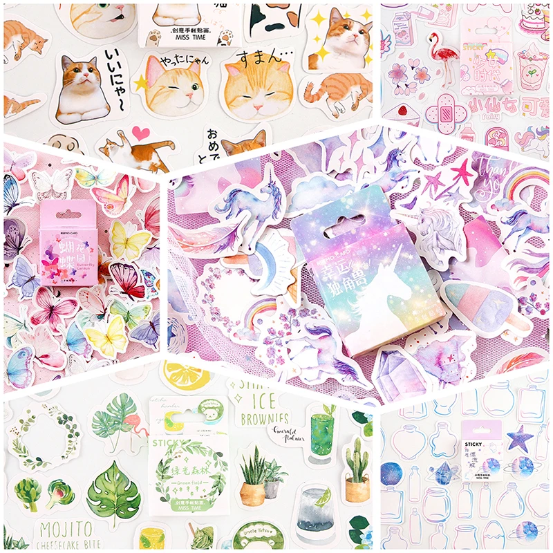 45 unids/caja pegatinas Scrapbooking gato flamenco unicornio Animal Kawaii pegatina decoración diario DIY planta papel adhesivo papelería