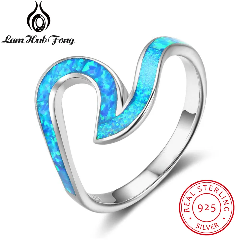 

Real Pure 925 Sterling Silver Ocean Blue Opal Wave Shape Finger Rings for Girls Female (Lam Hub Fong)