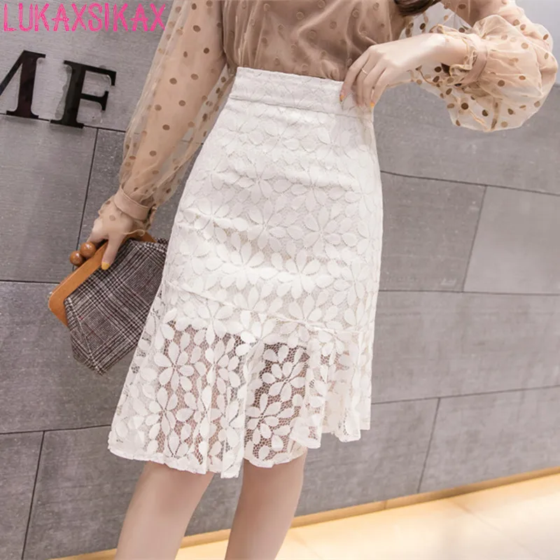 

LUKAXSIKAX 2019 Spring Summer Women Skirt Korean Style High Waist Midi Skirt High Quality Lace Hook Flower Mermaid Skirt