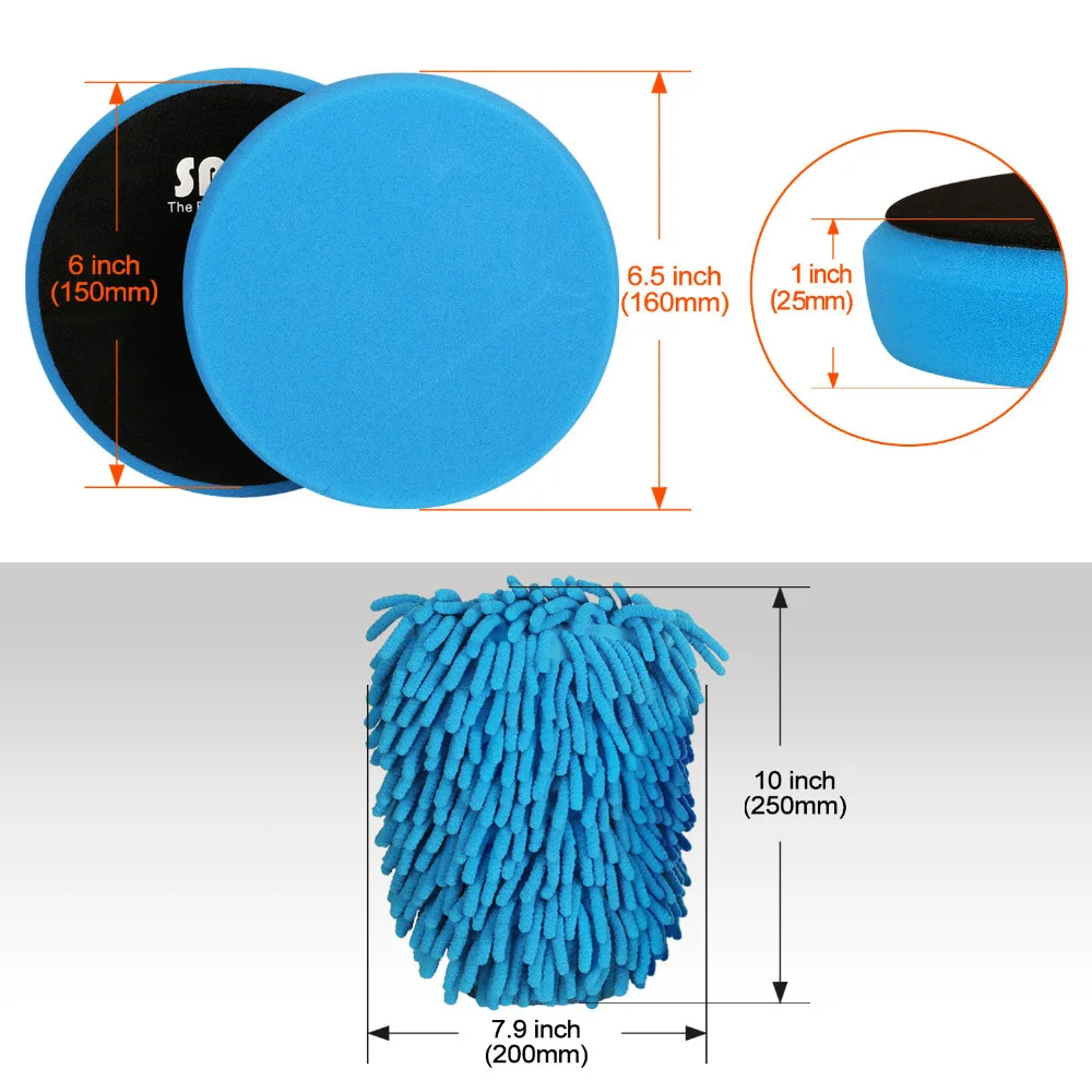 SPTA 6,"(160 мм) губчатые подушечки, 8 шт набор полировочных подушечек с шерстяными подушечками, перчатки из микрофибры и салфетка для чистки автомобиля полировщик