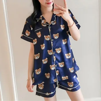 

Cute Summer Short Sleeve Silk Pajamas Set Two Pieces Set Women Sleepwear Sexy Nightwear for Women Sleeping Set
