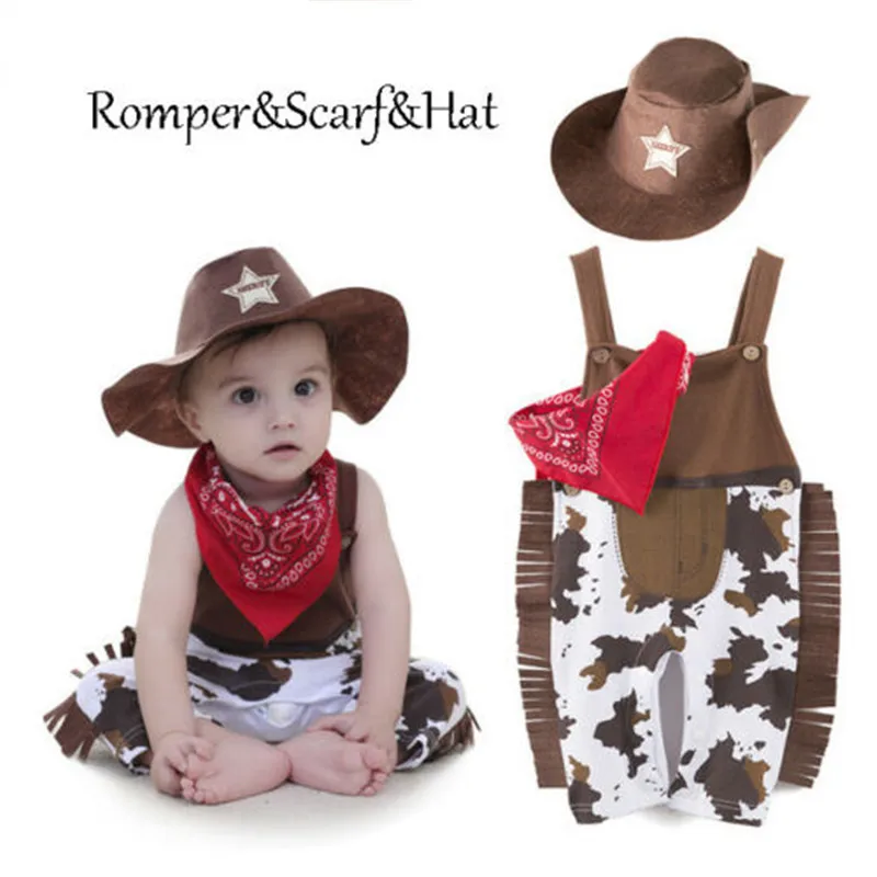 

3-24M Newborn Infant Kid Baby Strap Sleeveless Tassel Romper Hat Scarf Cowboy Formal Suit Wedding Boy Clothes Outfit 3Pcs Set