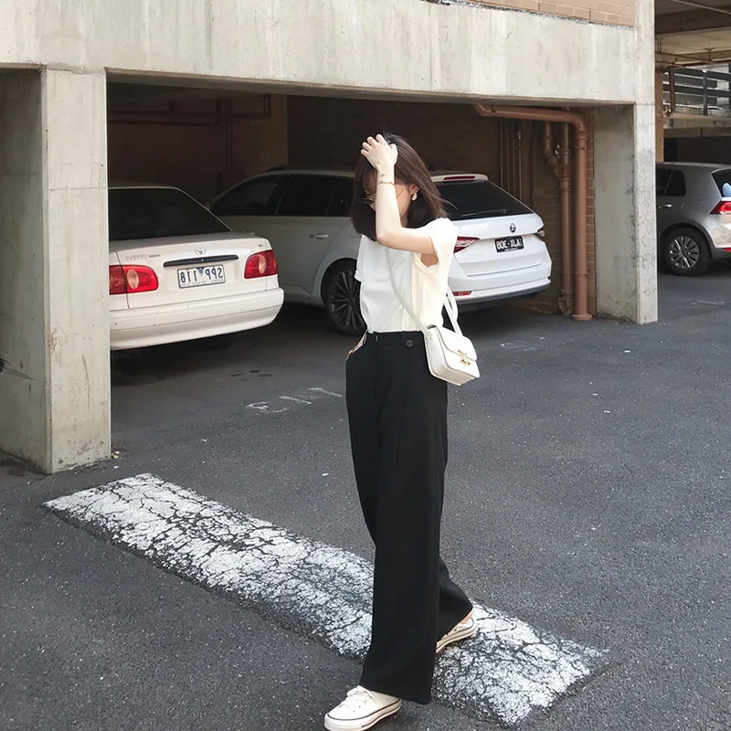 

2019 New High Waist Straight Tube Wide Leg Pants Leg Length 2 Meters with Leg Pull Effect Cool Sunscreen Mops Black Pants Women