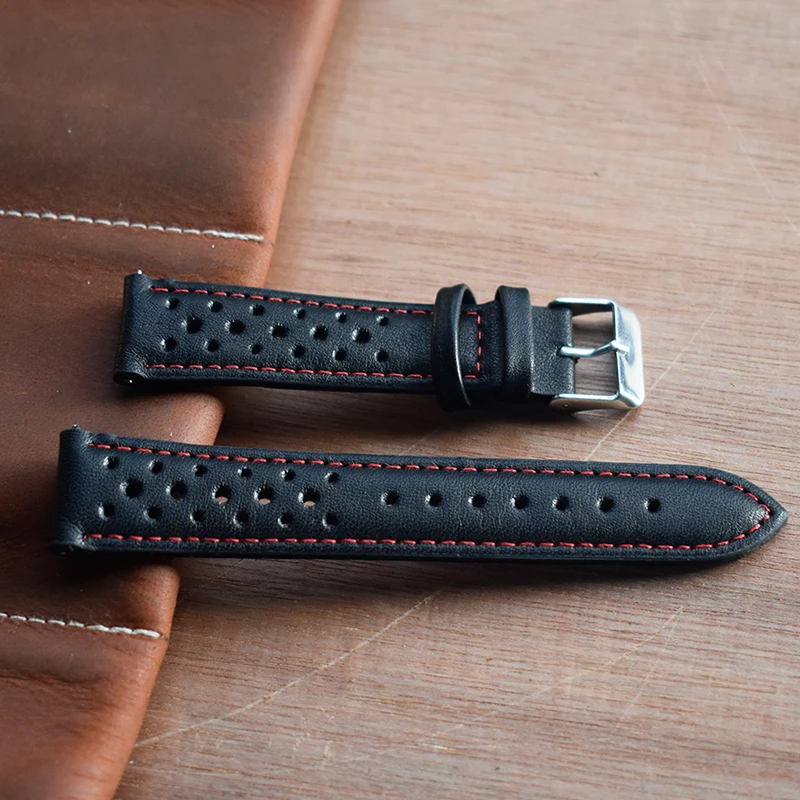 Watch Band Genuine Leather straps black with red/black/white stitching18mm 20mm 22mm 24mm watch accessories  High Quality