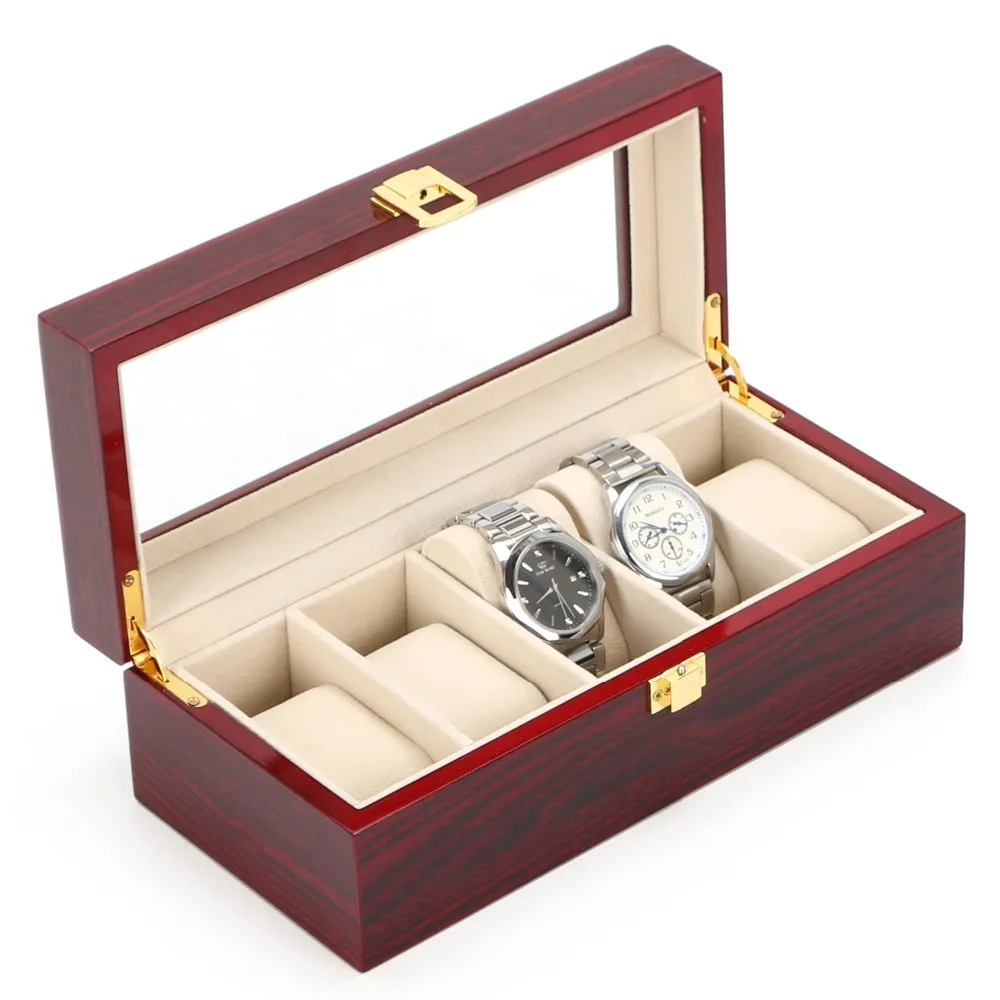 

5 Slots Wood Watch Display Box Light Red Watch Organizer MDF Watch Holder Storage Jewelry Watch Boxes Case