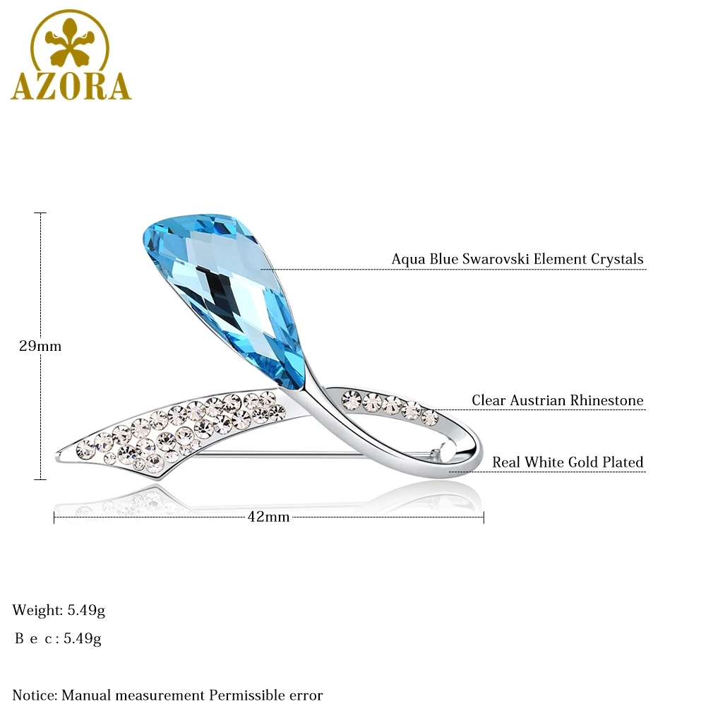 AZORA Double Leaf Blue Austrian Crystals Brooch Pin Clear Austrian Rhinestone Fashion Lapel Pins for Lady Sweater Coat TP0082