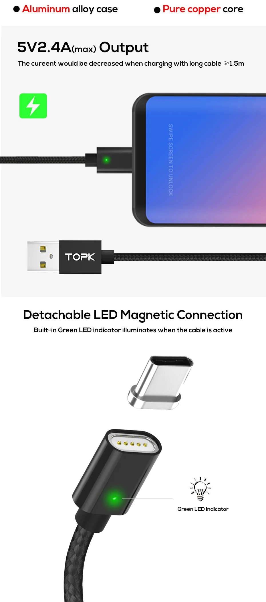 TOPK Магнитный кабель для iPhone Xs Max Xr 8 7 6 5 Plus USB C& Micro USB кабель в нейлоновой оплетке светодиодный кабель для синхронизации данных type-C