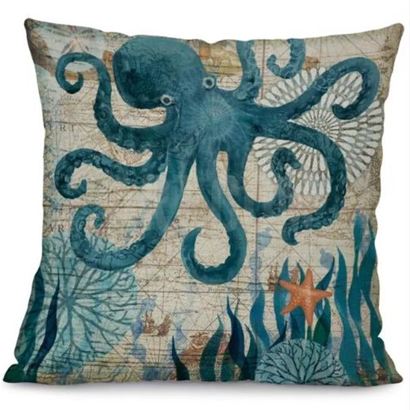 Sea Turtle Printed Cotton Linen Cushion Cover Marine Ocean Sea Horse Home Decor Pillowcase Octopus Sofa Cushion Case