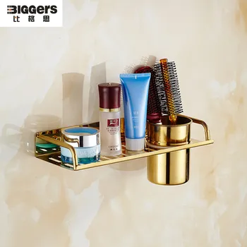 

Free shipping Biggers Gold color 304 stainless steel bathroom rack shelf with comb holder function 30cm length
