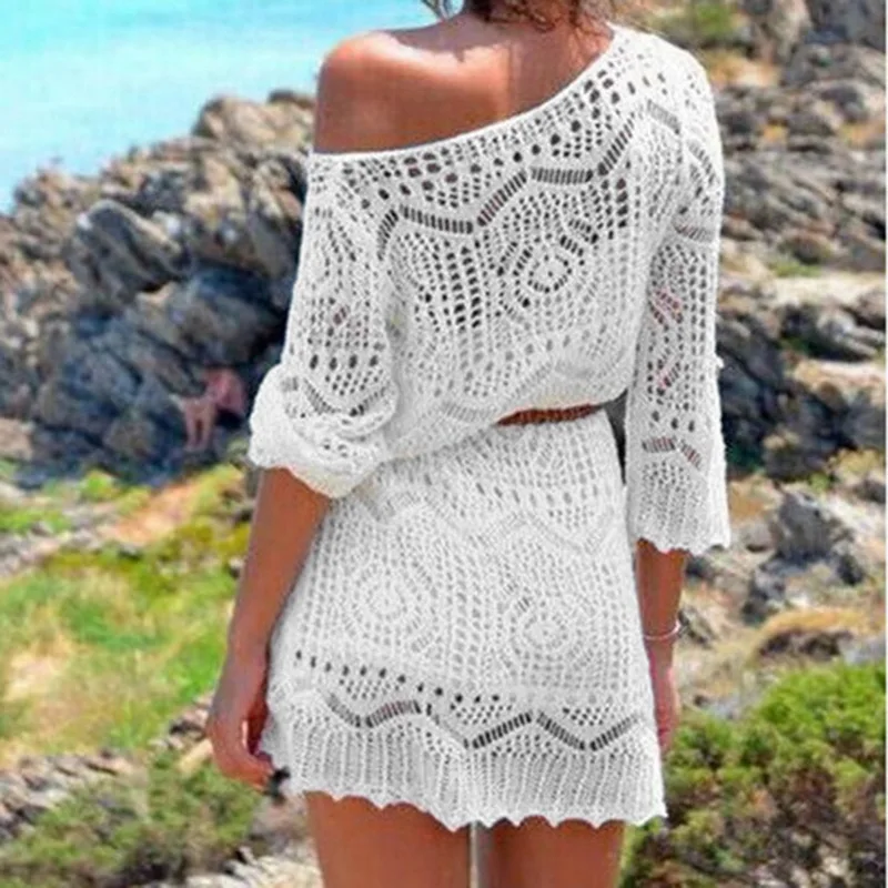 

Fashion Women's Long-sleeved Sexy Flower Hollow Out Dresses 2019 New Summer Ladies Solid Color Beach Knit Dresses