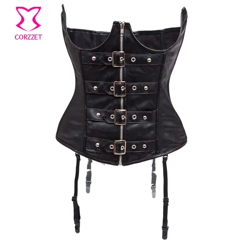 Black Leather Waist Trainer Underbust Corset With Suspenders Women
