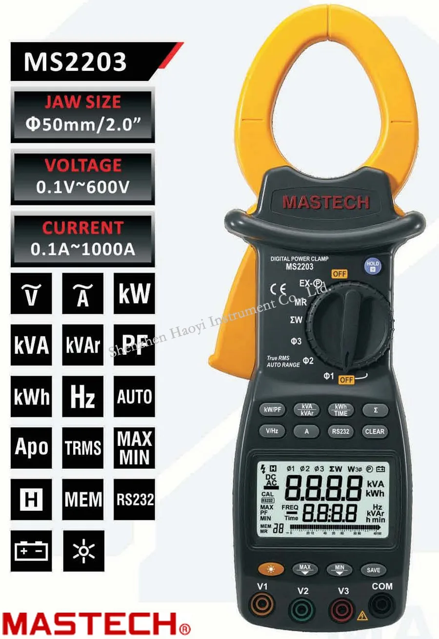 MASTECH High quality MS2203 3 phase TRMS Digital clamp Meter power