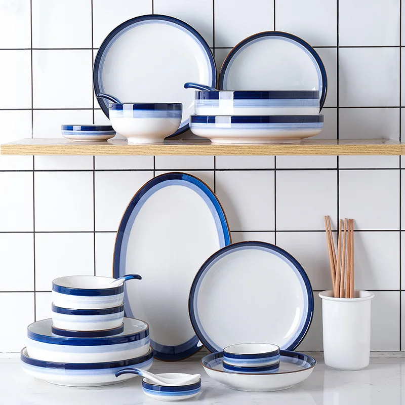 

Nordic Hand-painted Gradient Blue Ceramic Tableware Household Ceramic Dish Dishes Dinner Bowl Plate Soup Bowl Set