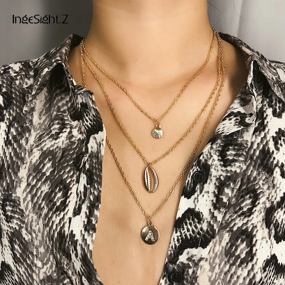 

IngeSight.Z Bohemian Multi Layered Scallop Shell Choker Necklace Collar Statement Crystal Letter Pendant Necklace Women Jewelry