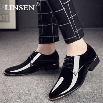 

2019 Spring new promotions Men Luxury Dress Shoe Patent Leather Oxford Mens Shoes Italy White Derby Formal Male Flats Size 38-48