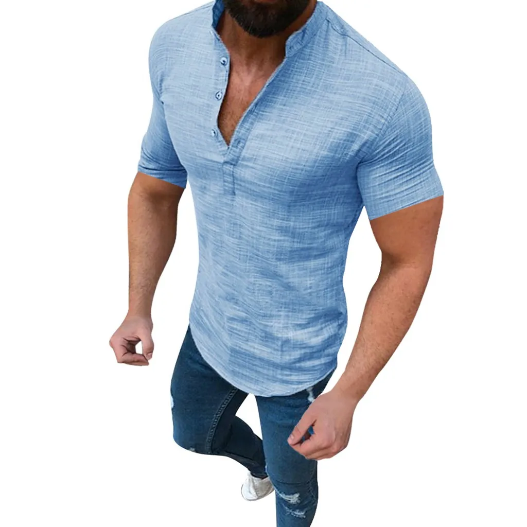 Мужская Повседневная Блузка хлопковая льняная свободная футболка Топы с короткими рукавами футболка с короткими рукавами hombre verano мужские топы футболки лето - Цвет: Blue