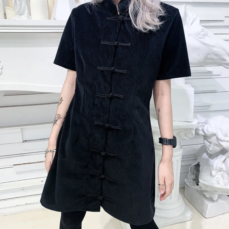 Китайский стиль темные платья для женщин Harajuku Вельветовая короткая рукав платье