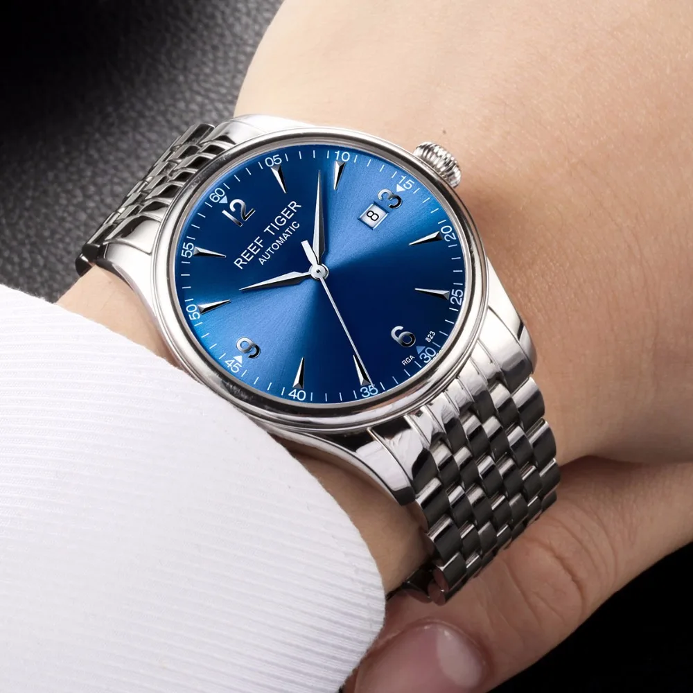 Reef Tiger/RT Дизайнерские повседневные часы из нержавеющей стали синий циферблат Автоматические деловые часы для мужчин RGA823