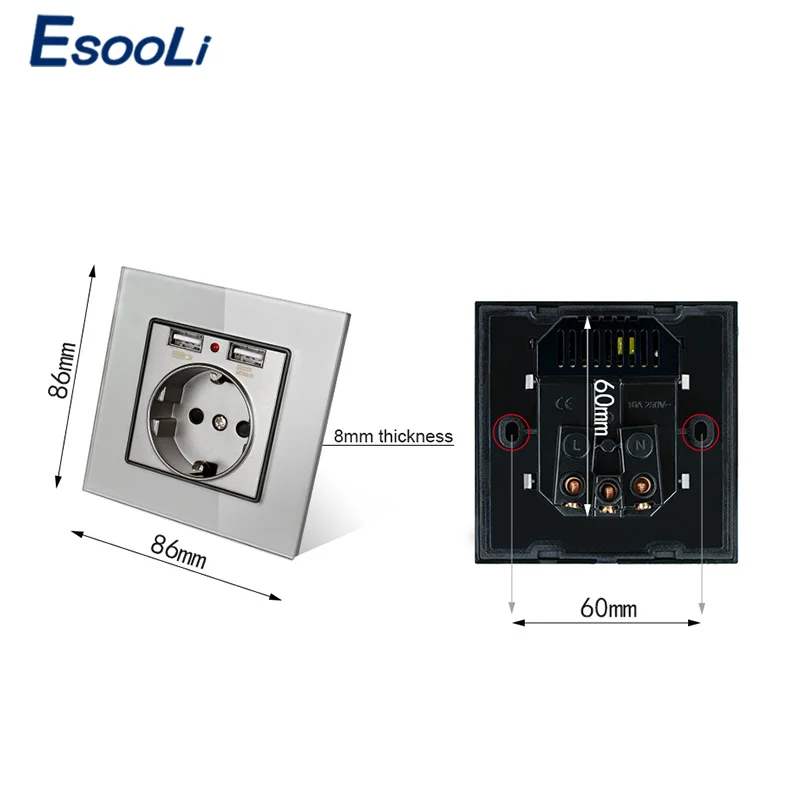 Розетка стеновая Esooli 2 USB порта 1 А 16 А|Электрические розетки| |