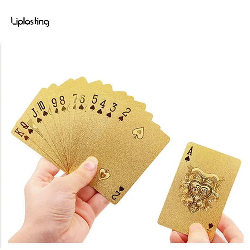 Koop 1 Set Golden Speelkaarten Dek goudfolie poker set Magic card 24 K Goud Plastic folie poker Duurzaam Waterdicht kaarten
