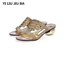 high quality Sandals Women shoes Sandals Summer Rhinestone Slippers Shoes women Peep Toe mid Heels slippers Zapatos Mujer **688 new women flat shoes rhinestone slippers colorful crystal sandals kid suede rivets studded outdoor rhinestone zapatos mujer