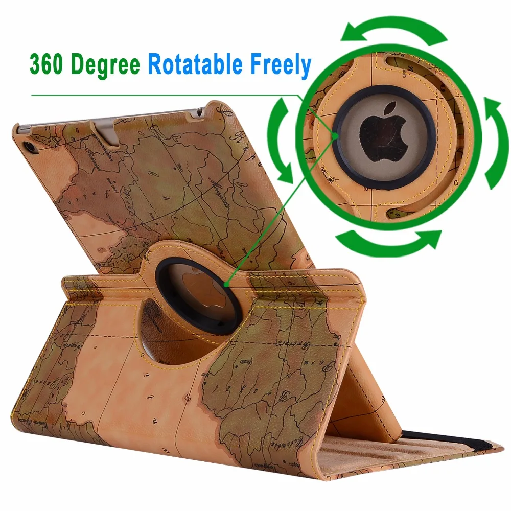 360 Вращающийся Кожаный смарт-чехол с картой мира для Apple, iPad 9,7 Air 1 2 5 6 5th 6th A1822 поколения Coque Funda