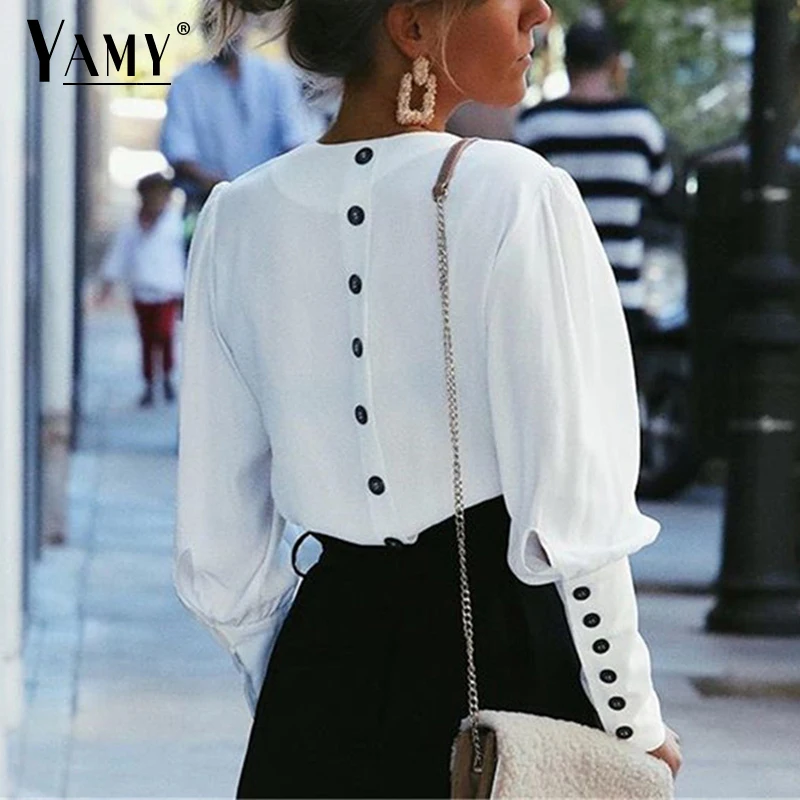 

2019 Spring V neck women blouse shirt puff sleeve button white blouse lady shirt top Female office chiffon blouse korean tops