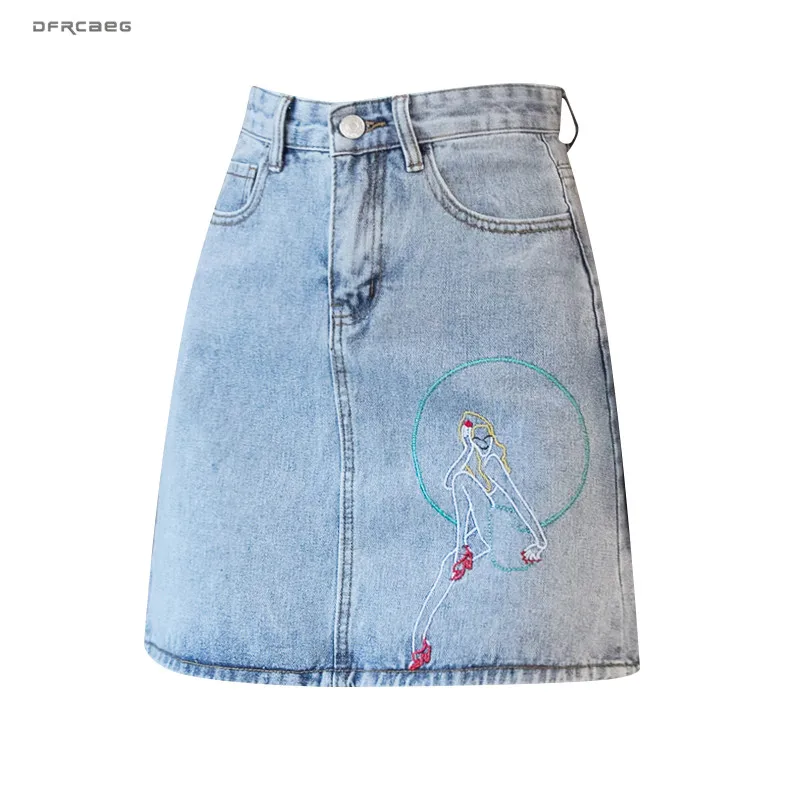 

Blue Women High Waist A-line Embroidery Jeans Skirts 2019 Summer Vintage Denim Mini Skirt Femme Casual Streetwear Saia Jeans