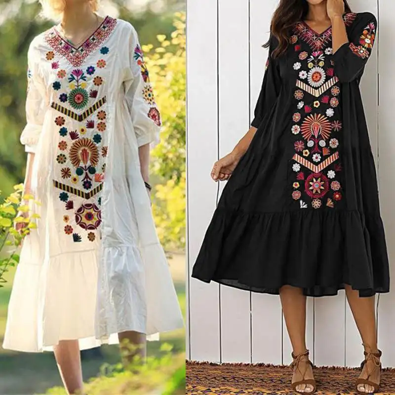 Богемное платье, летний женский сарафан, ZANZEA, рукав 3/4, v-образный вырез, платье миди, цветочный рисунок, женское пляжное платье размера плюс