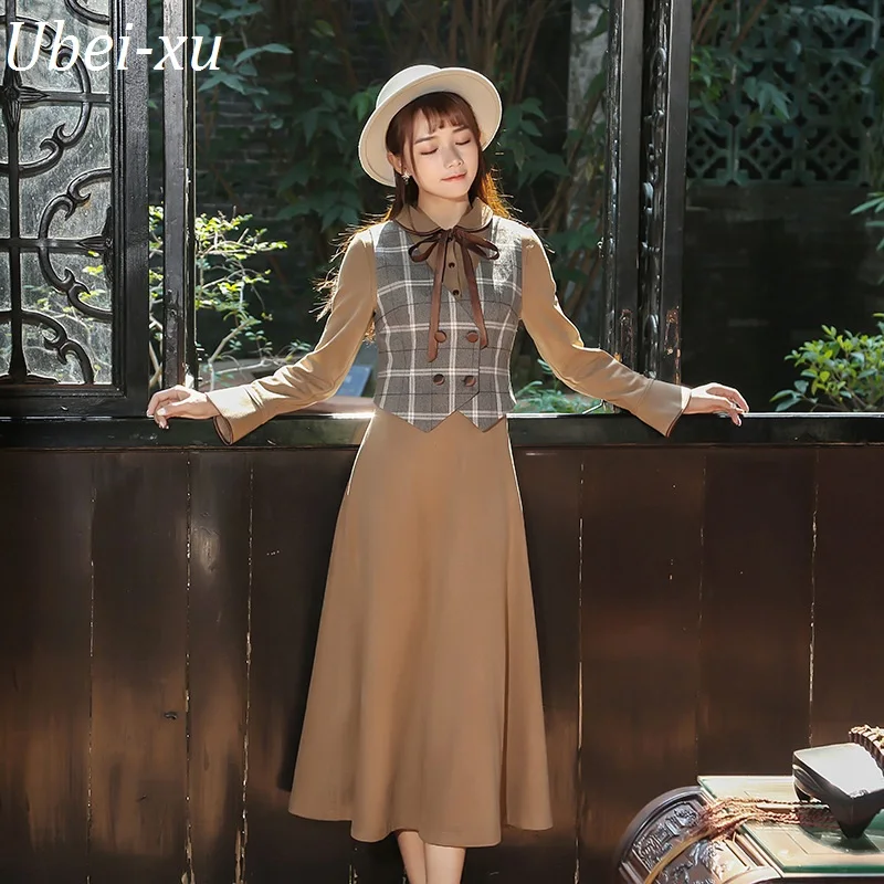 

Ubei New Spring vintage British style slim plaid waistcoat+dress set fashion two-piece sets women
