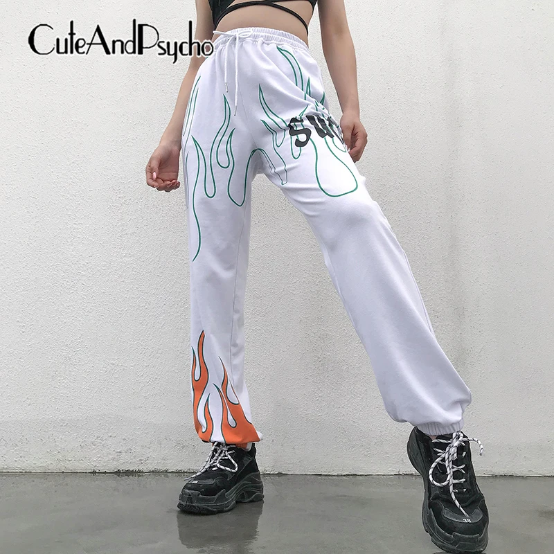 

2019 Women Fire Printed Pants Casual Jogger Harajuku Trousers Summer Loose White High waist Pant Capris Streetwear cuteandpsycho