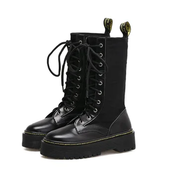 

2019 autumn and winter new women's boots thick-bottom side zipper Martin boots with lace-up boots