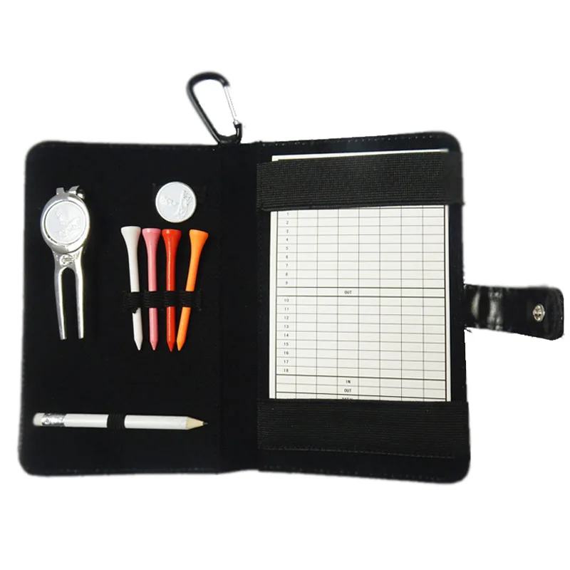 

Golf club scoring saddlebag Score Card Holder PU Cover with Pencil /Divot Tool/ Golf Tees/ Hat Clip golf Fans supplies